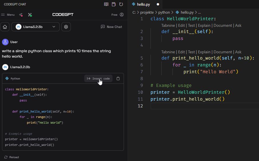 Das Ergebnis der Prompt-Anfrage kann in den Code Editor übernommen werden